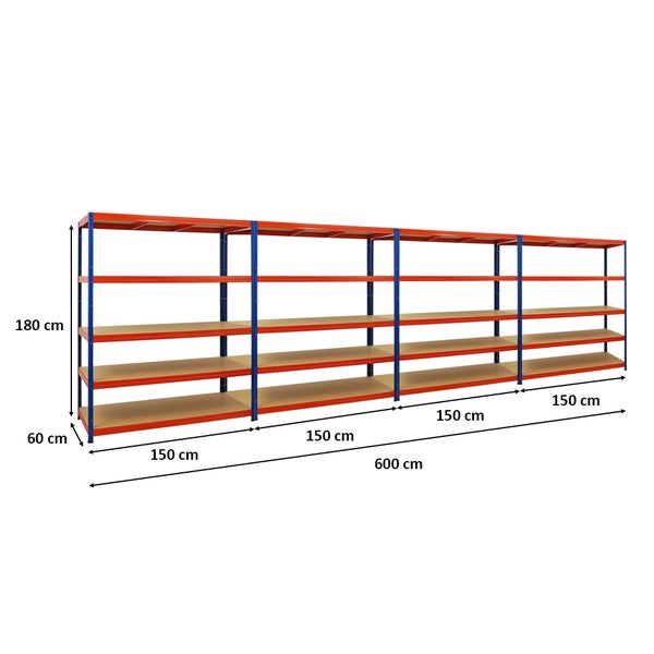 PROREGAL Mega Deal 4x Schwerlastregal Giant Elephant HxBxT 180 x 150 x 60cm Fachlast 200kg Blau-Orange