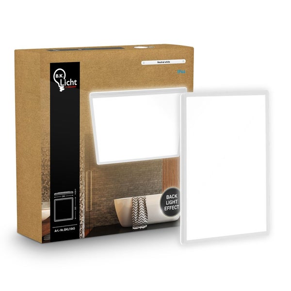 B.K. Licht LED-Panel rechteckig in Neutralweiß mit Hintergrundbeleuchtung und Schutzart IP44 inklusive Produktverpackung.