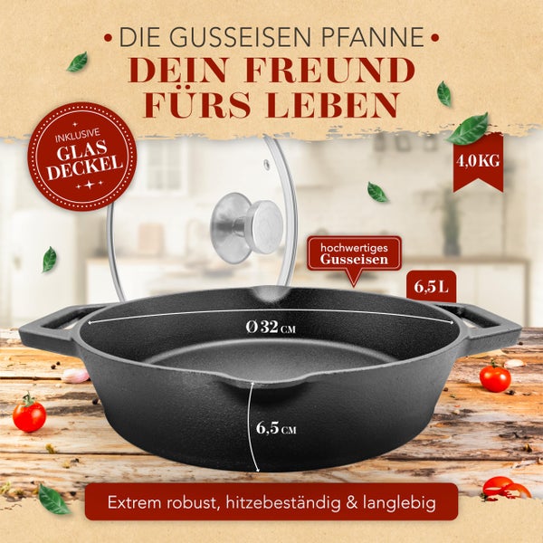 KRUSTENZAUBER 32cm Gusseisenpfanne Induktion - Voreingebrannte Gusseisen Pfanne - Ideale Grillpfanne Induktion, Eisenpfanne, Cast Iron Pan, Bratpfanne, Gusseiserne Pfanne Skillet Gusspfanne