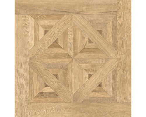 Quadratische Bodenfliese mit Holzoptik und geometrischem Muster
