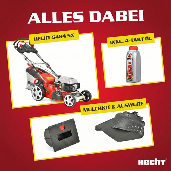 Benzin-Rasenmäher Hecht 5484 SX im Set inklusive 4-Takt-Öl, Mulchkit und Seitenauswurf.