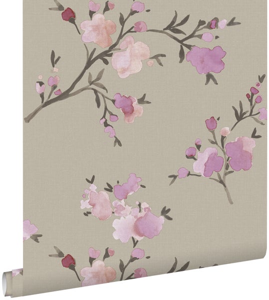 ESTAhome Öko-Strukturtapete Kirschblüten Taupe und Violett - 0,53 x 10,05 m - 148717