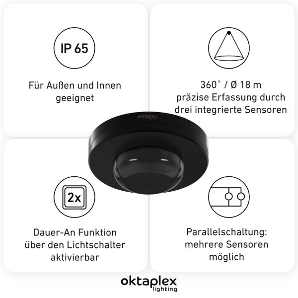 Bewegungsmelder Schutzart IP 65 für innen und außen, 360 Grad Erfassung bis 18 Meter, Dauerlicht, Parallelschaltung. Oktaplex Lighting Logo.