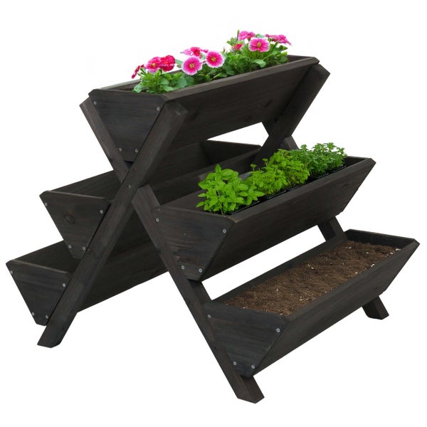 Dreistöckige Pflanztreppe aus dunklem Holz mit fünf Kästen für Blumen und Kräuter auf Balkon oder Terrasse.