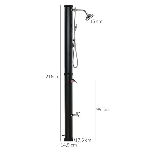 Outsunny Solardusche 35 L, 0-55 ℃ warmes Wasser Camping Pooldusche mit Wasserhahn und Regenduschkopf, 17,5 x 14,5 x 216 cm, Kunststoff, ABS, Schwarz