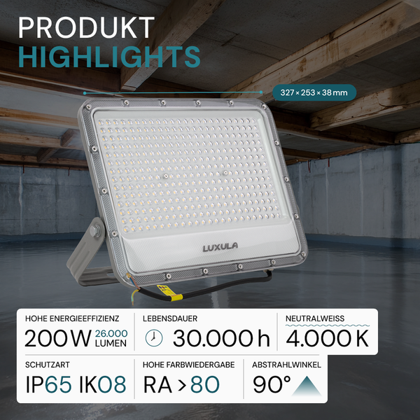 Luxula LED-Strahler mit hoher Energieeffizienz, langer Lebensdauer, neutralweißem Licht, hoher Farbwiedergabe, Schutzart IP65 IK08 und einem Abstrahlwinkel von 90 Grad.