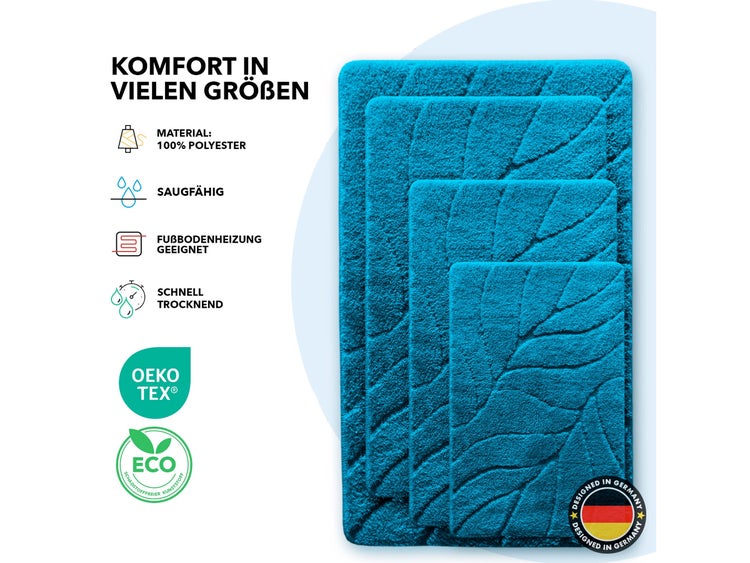 FLOORDIREKT Badematte Maris - Flauschiger Badvorleger mit Blattstruktur - Türkis - 80 x 150 cm