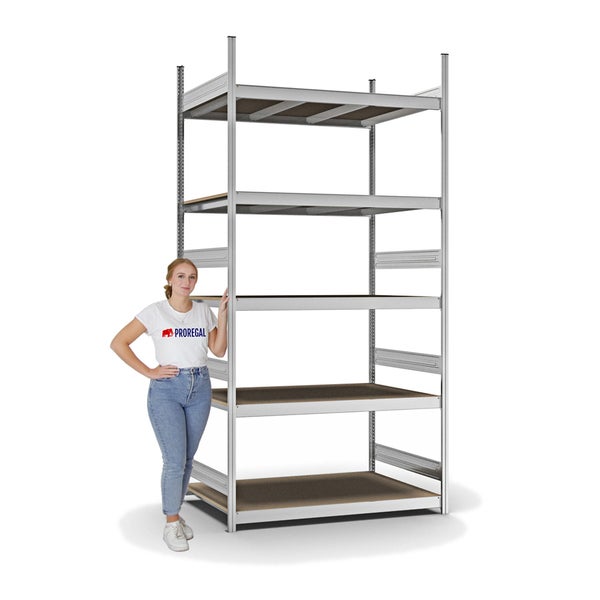PROREGAL Weitspannregal Stecksystem T-Profil Grundregal HxBxT 300x150x80 cm 5 Ebenen Spanplatten Fachboden Fachlast 350 kg Verzinkt