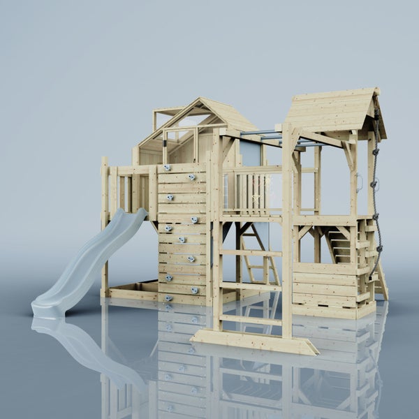 Spielturm aus Holz mit Rutsche, Kletterwand und Schaukel