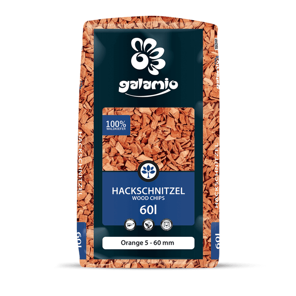 Galamio Hackschnitzel Orange aus 100 Prozent Waldkiefer, 60 Liter Sack, Körnung 5 bis 60 Millimeter. Ideal für Trittwege und als Fallschutz.
