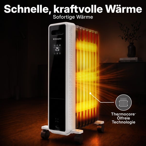 Mobiler Dimplex Ölfreier Radiator mit Thermocore Technologie, Digitalanzeige und Rollen für schnelle Wärmeabgabe.