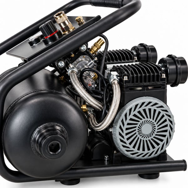 Tragbarer Kompressor mit Druckkessel, Metallrahmen und leistungsstarkem Motor mit Kühlventilator.