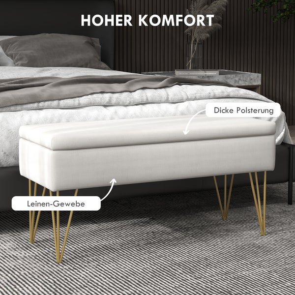 HOMCOM Sitzbank Polsterbank mit Stauraum, Leinenoptik, Bettbank mit Stahlbeine, für Schlafzimmer, Wohnzimmer, Flur, 100 x 40 x 49 cm, Creme