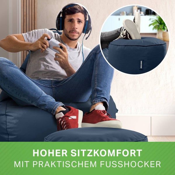 Green Bean 2er Set Sitzsack + Hocker - fertig befüllt - robust waschbar schmutzabweisend - Kinder & Erwachsene Bean Bag Bodenkissen Lounge Sitzhocker Relax-Sessel Gamer Gamingstuhl Pouf - Dunkelblau