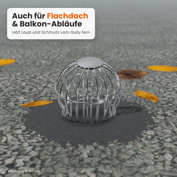 Laubfangkorb aus Metall für Flachdach und Balkonabläufe mit 100 Millimeter Durchmesser zum Schutz vor Laub und Schmutz.
