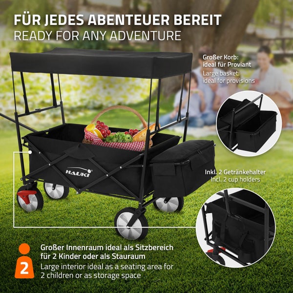 Hauki Bollerwagen L faltbar mit Dach, Schwarz, Handwagen klappbar, Transportwagen für Kinder, Gerätewagen inkl. 2x Netztaschen & 1x Außentasche, Vorderrad-Bremse, bis 80 kg, Transportkarre Kinderwagen