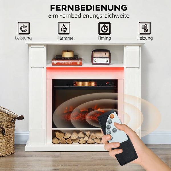 Weißer Elektrokamin mit Kaminsims und Fernbedienung. Symbole für Leistung, Flamme, Timing und Heizung. 6 Meter Fernbedienungsreichweite.