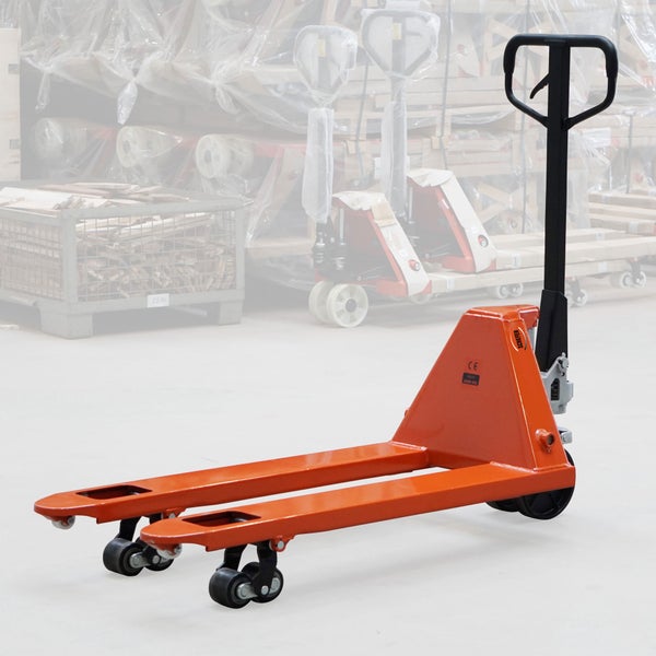 Hubwagen aus Stahl in Orange mit schwarzem Handgriff und Tandem-Lastrollen für den Materialtransport.