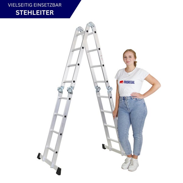 Sprossen-Mehrzweckleiter MULTISTEP geprüft nach EN 131-Standard | mit Gerüstplattform | 4-teilig Aluminiumleiter | 4x4 Sprossen | bis zu 4,6 m Höhe | Traglast 150kg | Arbeitsgerüst, Stehleiter & Anlegeleiter