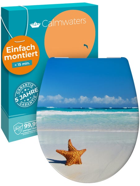 Calmwaters® WC Sitz Motiv Seestern einfache Montage, Toilettendeckel bis 250 kg, Made in EU, antibakterieller Duroplast, Absenkautomatik, 2 Montage Optionen, abnehmbar, Klobrille, oval