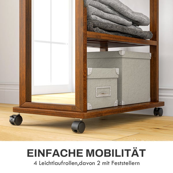 HOMCOM Standspiegel mit Rollen, Garderobenspiegel mit Ständer, Ganzkörperspiegel mit 3 Ebenen, 24,8 x 153,8 cm Garderobe, Kleiderstange, für Schlafzimmer und Wohnzimmer, Walnuss