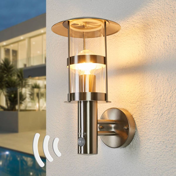 Lindby Edelstahl Wandlampe aussen mit Bewegungsmelder, IP44 Wandleuchte silber Außenbeleuchtung Wand Hof Garten Terrasse Balkon Aussenleuchte