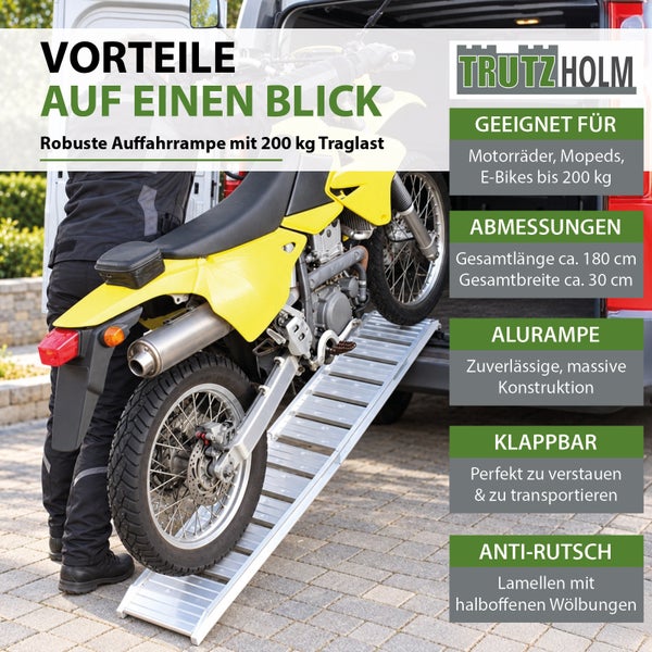 Klappbare Trutzholm Auffahrrampe aus Aluminium mit einer Traglast von 200 Kilogramm zum Verladen von Motorrädern und E-Bikes.