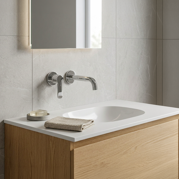 Moderne Wandarmatur über einem Waschtisch mit Holzunterschrank und beleuchtetem Wandspiegel im Badezimmer.