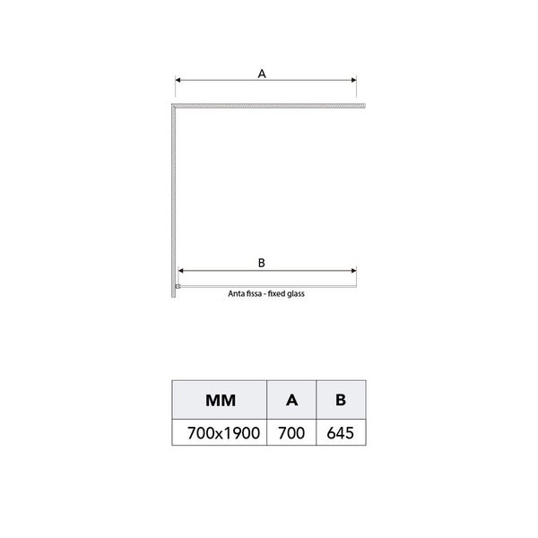 Technische Zeichnung einer Duschwand mit Maßangaben.