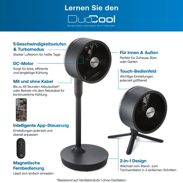 DuoCool 2 in 1 smarter Akku-Ventilator in Schwarz, als Stand- und Tischventilator mit Dreibein, inklusive Fernbedienung und App-Steuerung.
