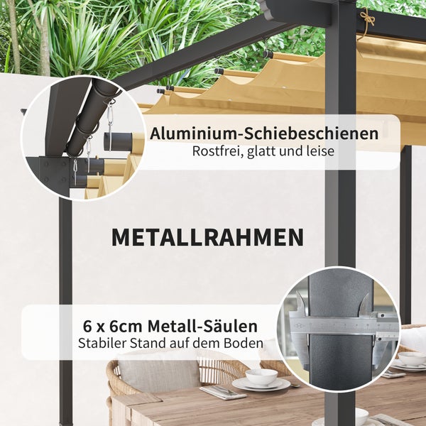 Outsunny Pergola 3x3m Garten Pavillon Terrassendachung aus Metall, Gartenpavillon mit Verstellbares Sonnendach, UV Schutz 30+ Freistehender Sonnenschutz für Terrasse und Garten, Beige