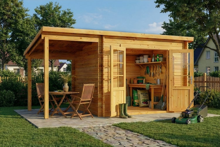 Modernes Holz-Gartenhaus mit Flachdach, integriertem Unterstand mit Sitzgruppe und offenem Geräteraum mit Werkbank in einem hellen Garten.