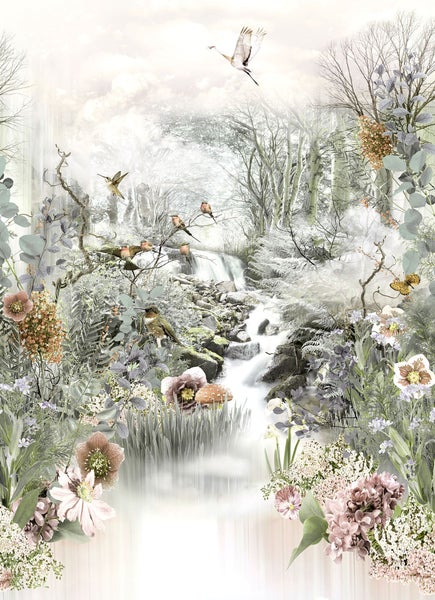 Illustration einer Waldszene mit Wasserfall, Vögeln und Blumen