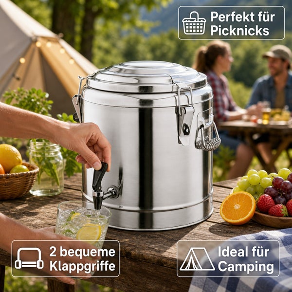 Edelstahl Getränkespender mit Zapfhahn und zwei Klappgriffen, ideal für Picknicks und Camping auf einem Holztisch.