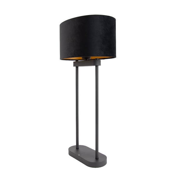 Moderne Tischleuchte mit ovalem Lampenschirm auf einem zweibeinigen Metallstandfuß