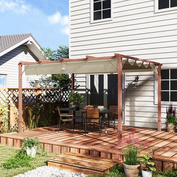 Outsunny Pergola ca. 3x4m Garten Pavillon mit magnetischen Pad, Terrassendachung aus Aluminium, Gartenpavillon mit verstellbares Dach, Freistehend, UV Schutz 30+, für Terrasse und Garten, Naturholz
