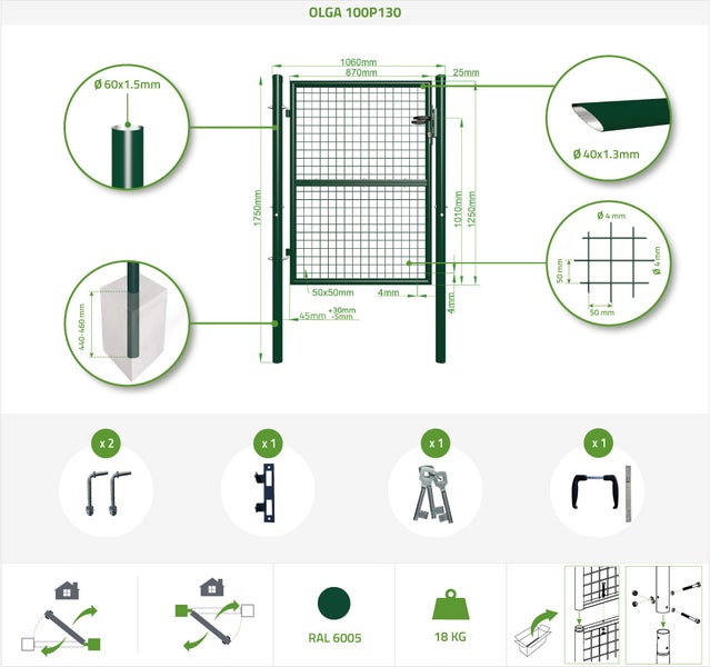 OLGA Pack  Breite 406 x Höhe 131 cm  Mesh-Schwingtor + 1 m GRÜNES Tor