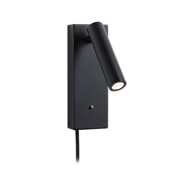 Wandleuchte aus Metall in Schwarz mit verstellbarem Spot und Schalter.