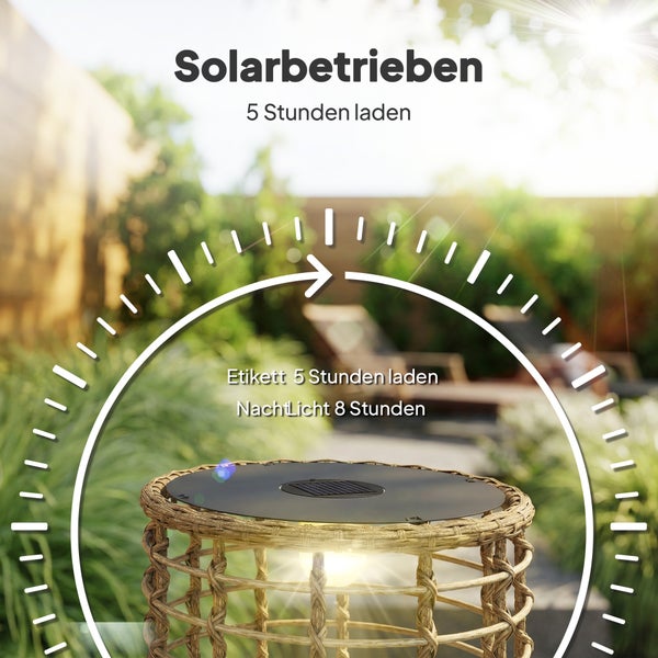 Solarbetriebene Gartenleuchte in Korboptik mit Solarpanel, benötigt 5 Stunden Ladezeit für 8 Stunden Nachtlicht.