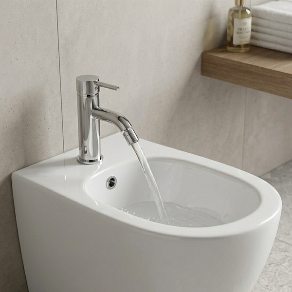 Modernes weißes Bidet aus Keramik mit verchromter Einhebel-Bidetarmatur und fließendem Wasser in einem Badezimmer.