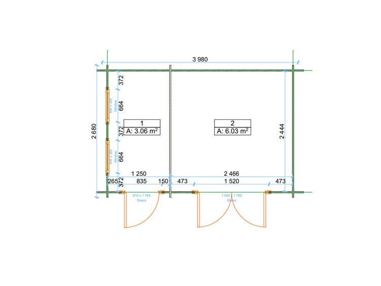 Grundriss eines Gartenhauses mit zwei Räumen. Raum eins mit 3,06 Quadratmetern und Raum zwei mit 6,03 Quadratmetern. Breite 3980 Millimeter.