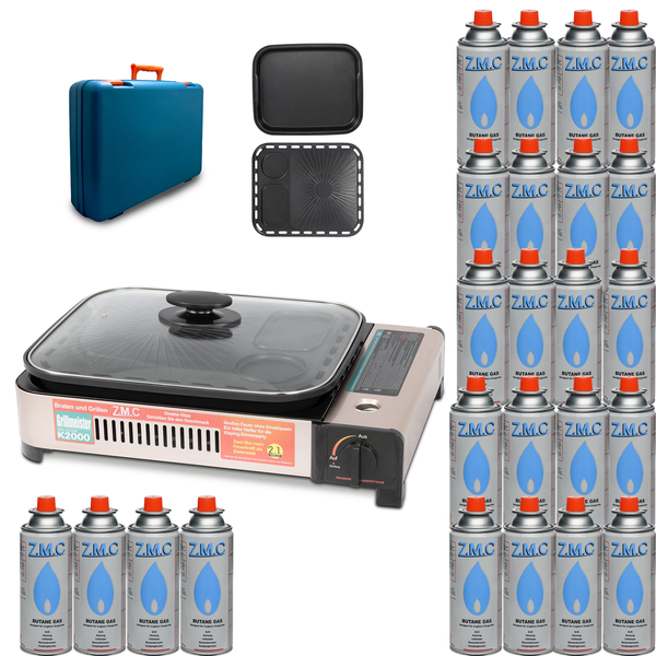 ZMC 2-in-1 Gaskocher und Gasgrill + 24 Gaskartuschen 227g, inkl. Grillplatte, Pfanne, Glasdeckel und Koffer, Campingkocher für innen- und Außenbereich