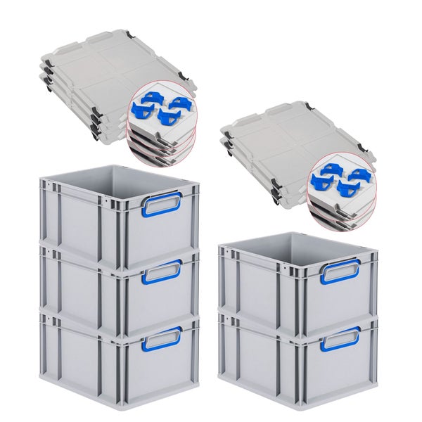 PROREGAL Spar Set 5x Eurobox Nextgen Color Mit Auflagedeckel & Schiebeschnappverschlüsse HxBxT 22 x 30 x 40 cm Griffe Blau Geschlossen Glatter Boden