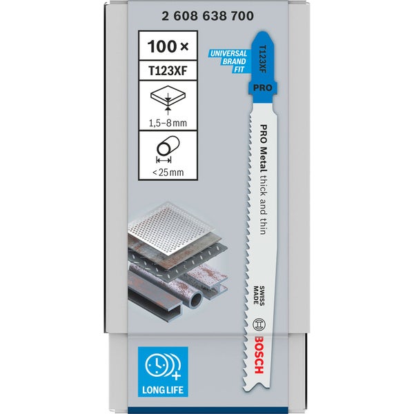 Packung Bosch Stichsägeblätter T123XF, 100 Stück, geeignet für Metall mit einer Stärke von 1,5 bis 8 mm und Rohre mit einem Durchmesser von weniger als 25 mm