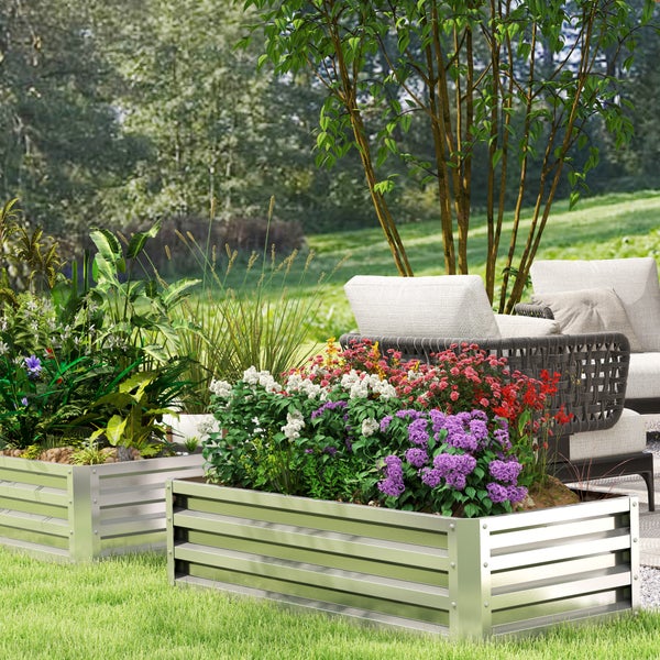 Outsunny Hochbeet Stahl, Pflanzkasten, Rostfrei Blumenkasten, Gemüsebeet mit Offenem Boden, Kräuterbeet für Garten, Balkon, Silber, 120 x 60 x 30,5 cm