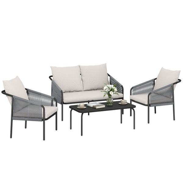 Garten-Lounge-Set bestehend aus einem Zweisitzer-Sofa, zwei Sesseln und einem Couchtisch mit Metallgestell und Seilgeflecht.