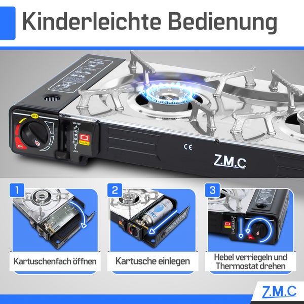 Mobiler Gaskocher mit zwei Flammen, Z.M.C Logo und Anleitung zum Einlegen der Gaskartusche sowie zum Entzünden der Flamme in drei Schritten.