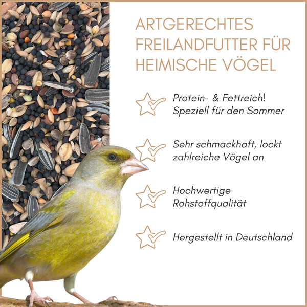 Artgerechtes Vogelfutter mit einem Grünfink und Hinweisen zu hoher Qualität