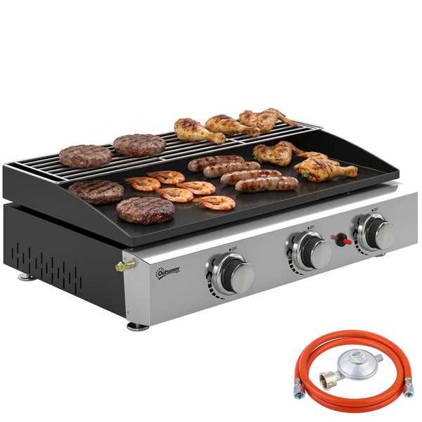 Outsunny Tisch-Gasgrill mit drei Brennern, flacher Grillplatte, Warmhalterost, Gasschlauch und Druckminderer.