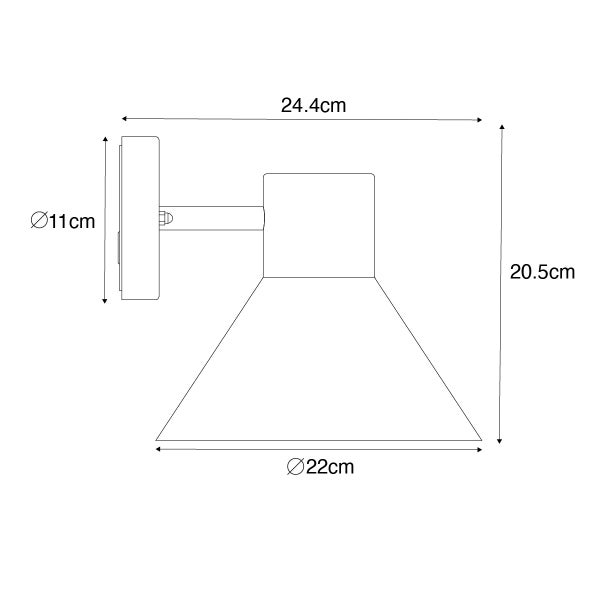 Technische Zeichnung Wandleuchte: Breite 24,4 Zentimeter, Höhe 20,5 Zentimeter, Durchmesser 22 Zentimeter, Wandhalterung 11 Zentimeter.
